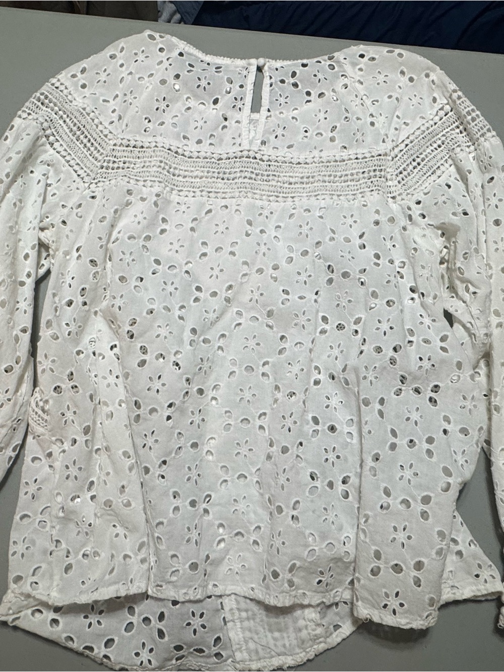 White Eyelet Crochet Yoke Long-Sleeve Top